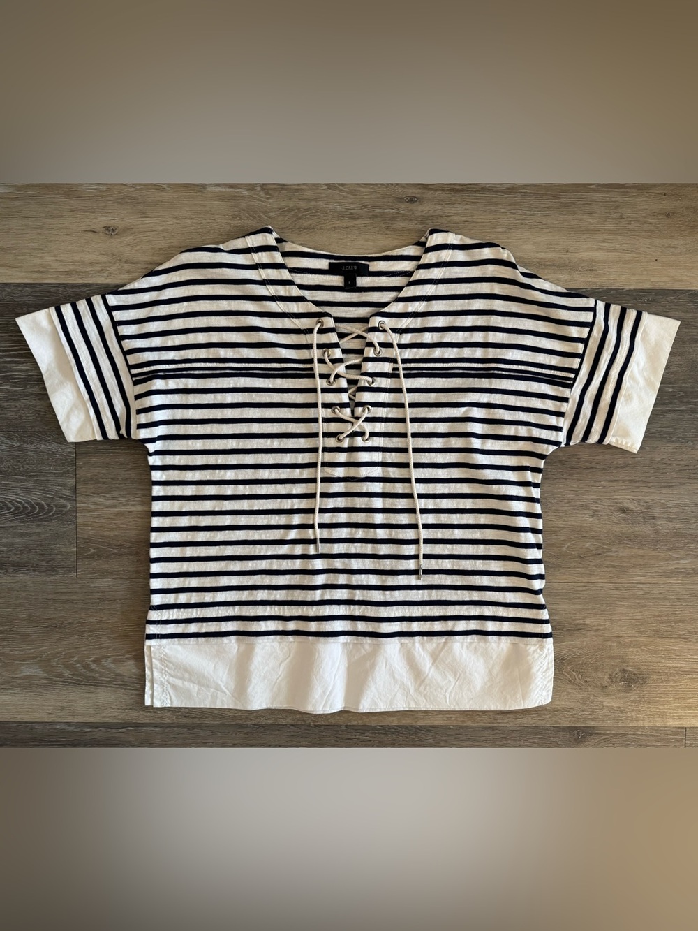 J. Crew White and Navy Striped Lace-Up Cotton Tee